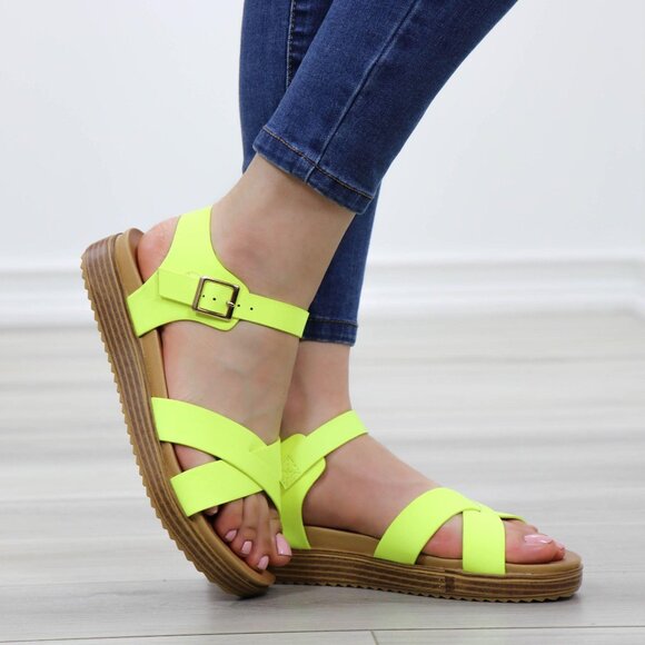 Neon Green Strappy Comfort Sandals Faux Nubuck - Picture 4 of 13